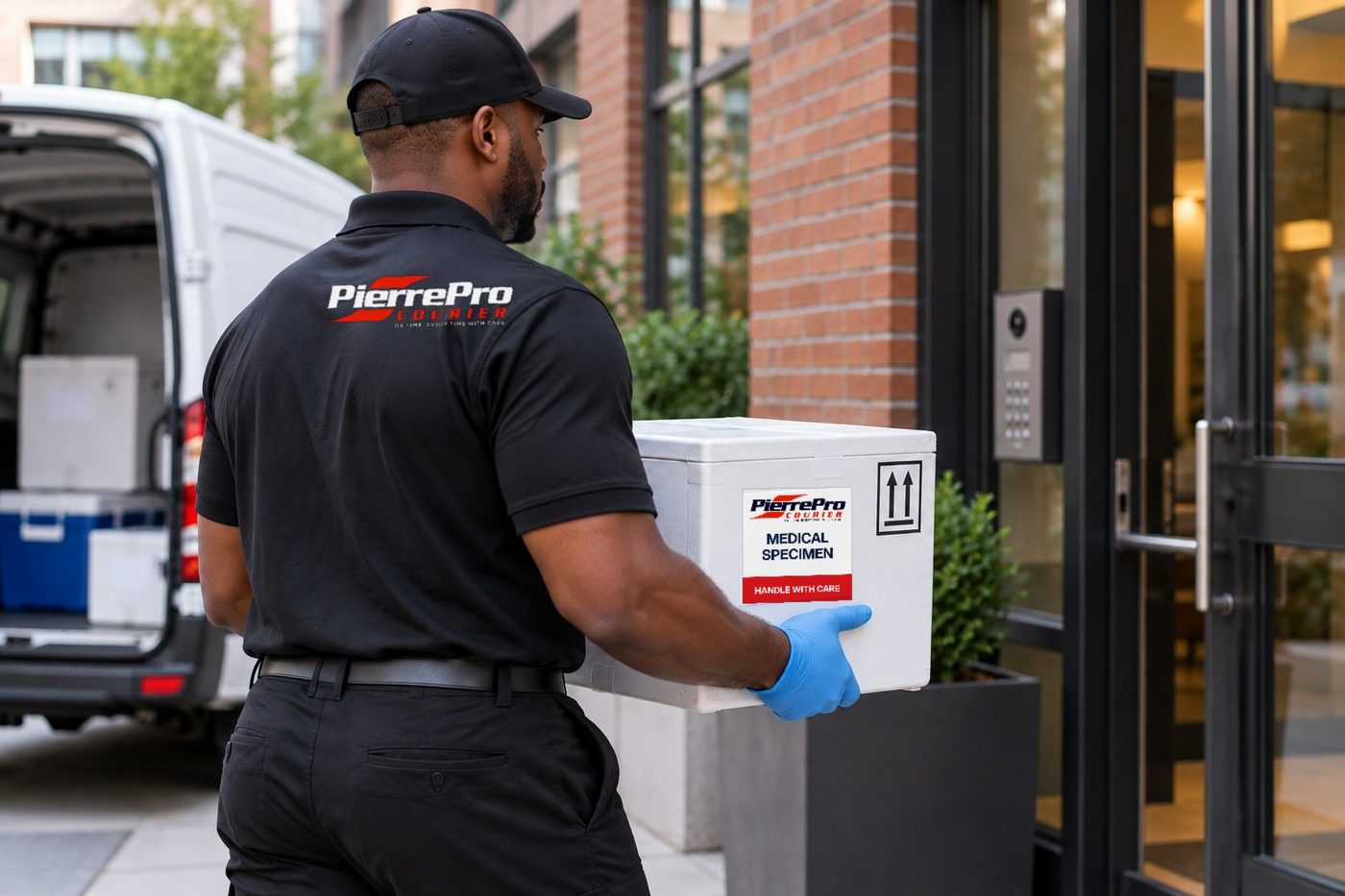 PierrePro Courier courier wearing gloves carrying a sealed medical shipment